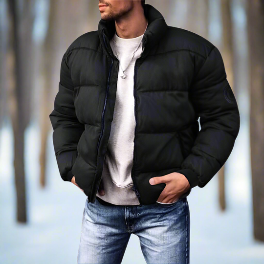 High-Collar Puffer Jacket with Zipper for Men