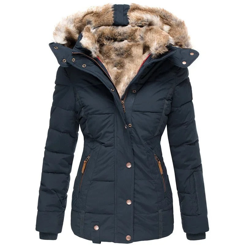 Warm Plush Parka with Hood for Women